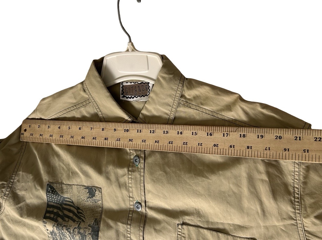 Gitano Graphic Army Print Button Up Shirt Jacket Sz XL Khaki Deconstructed READ