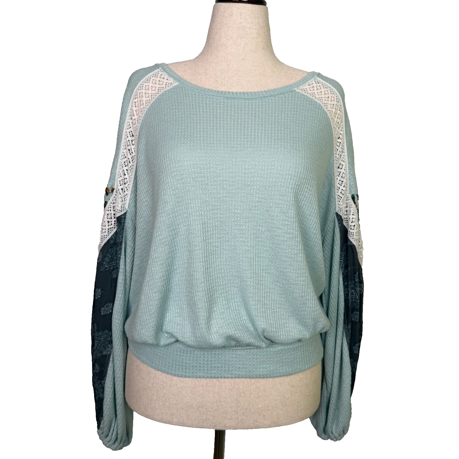 Free People Womens Top Sz M Long Sleeve Boho Aqua Blue Gray Gold Teal White Lace