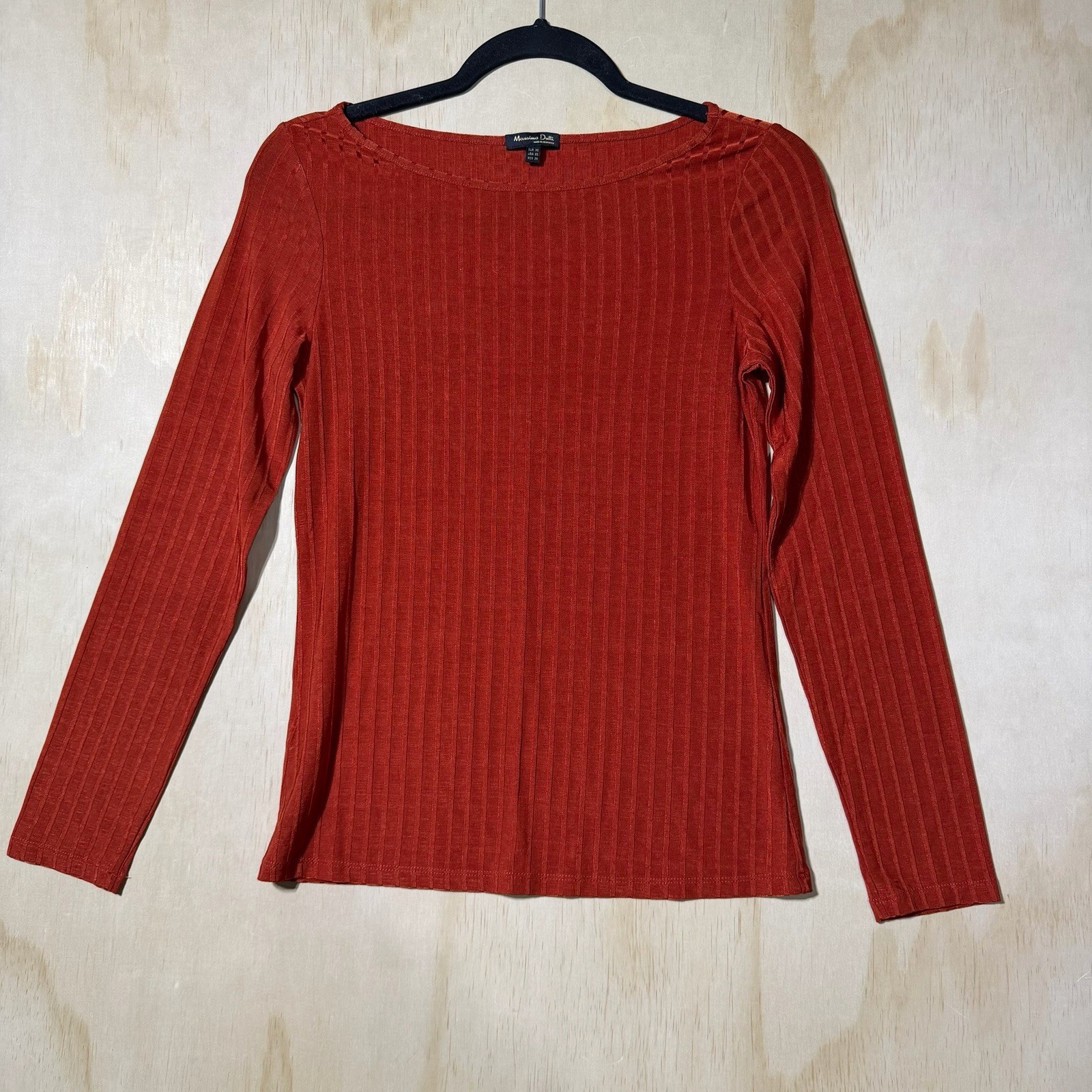 Massimo Dutti Ribbed Long Sleeve Top Womens XS Rust Orange Stretch Knit Tee