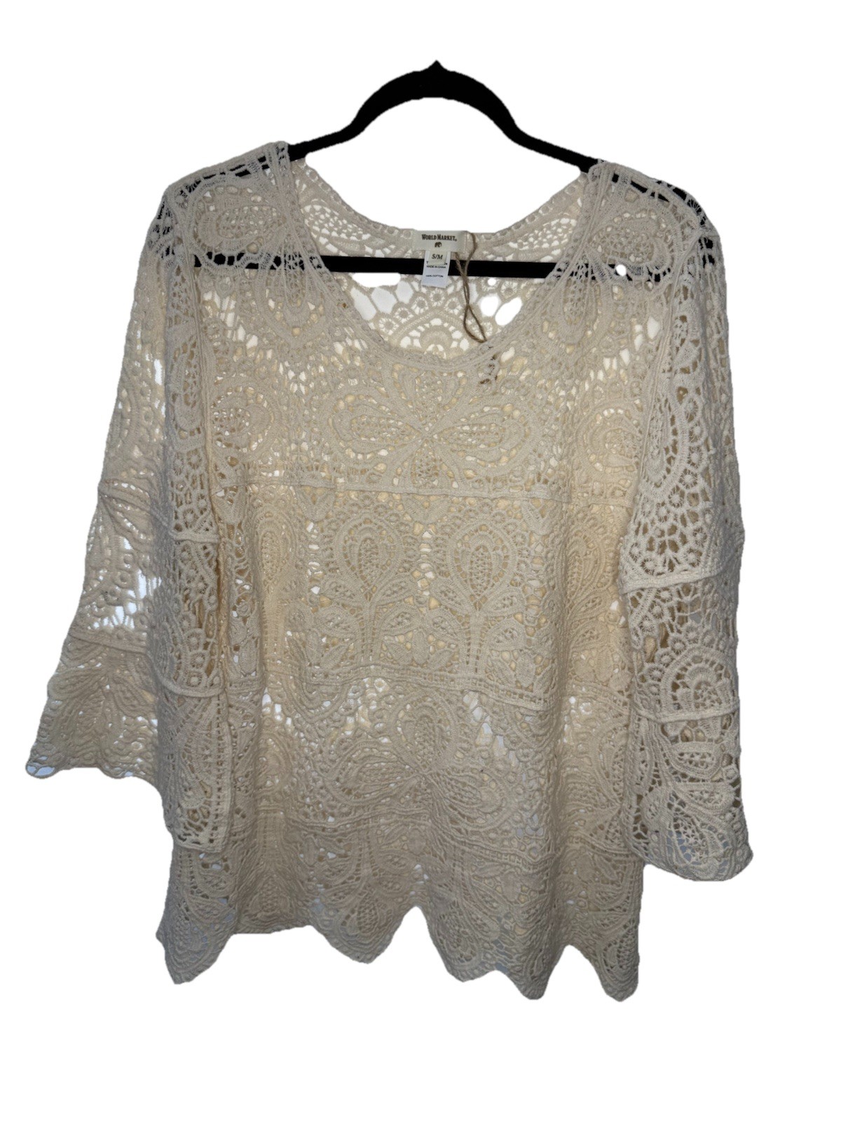 World Market 3/4 Sleeve Crochet Lace Natural Women’s Blouse Size S/M Summer (B1)