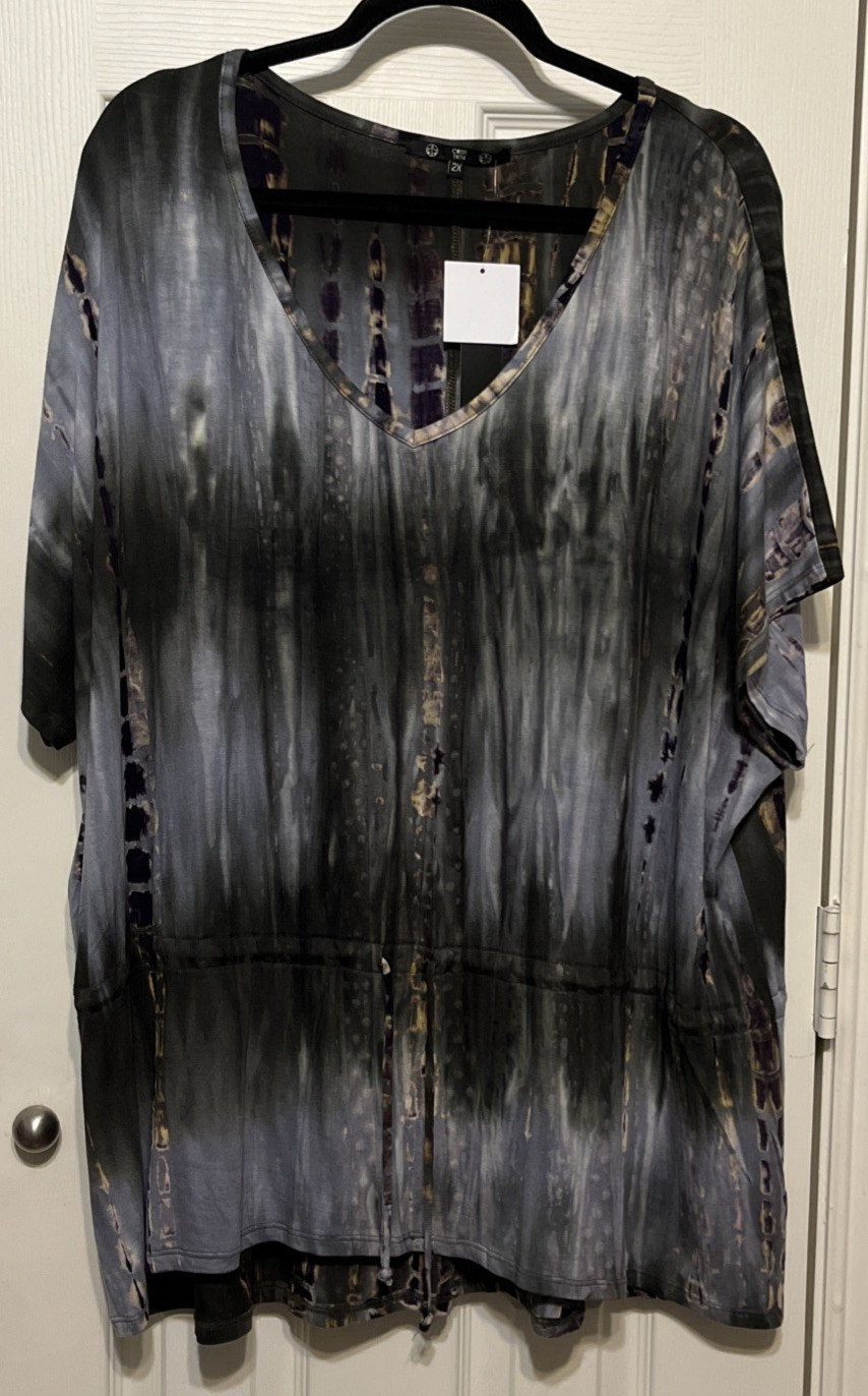 Coin 1804 Gray Abstract Short Sleeve Jersey Knit Tunic w/Drawstring Size 2X NWT