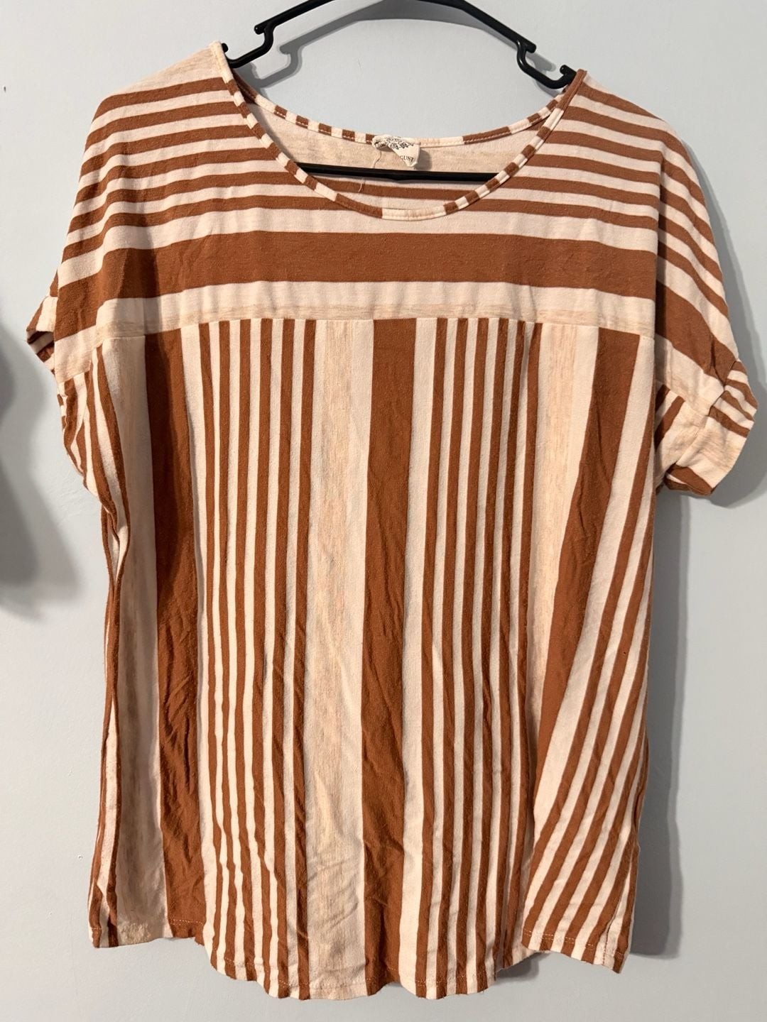 Late August Women’s Brown and Cream Striped Short Sleeve Crew Neck Top