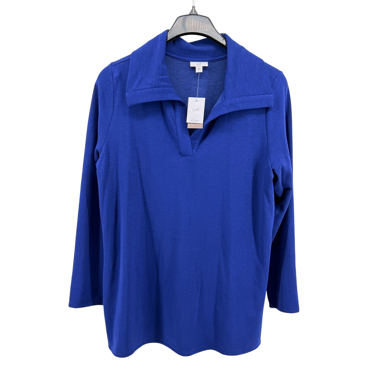 NEW J.Jill Shawl Collar Tunic Womens Large Blue Sapphire Button Cuff Slub Knit