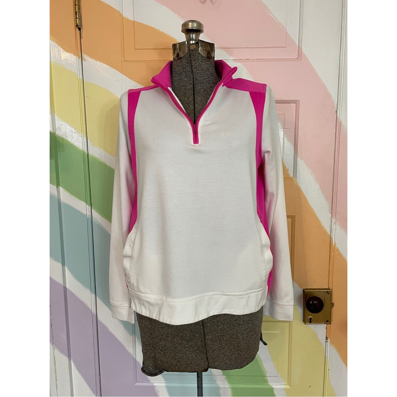 Belyn Key Fairway Long Sleeve Quarter Zip Top Pink & White Golf Preppy Sz S 💚🎀
