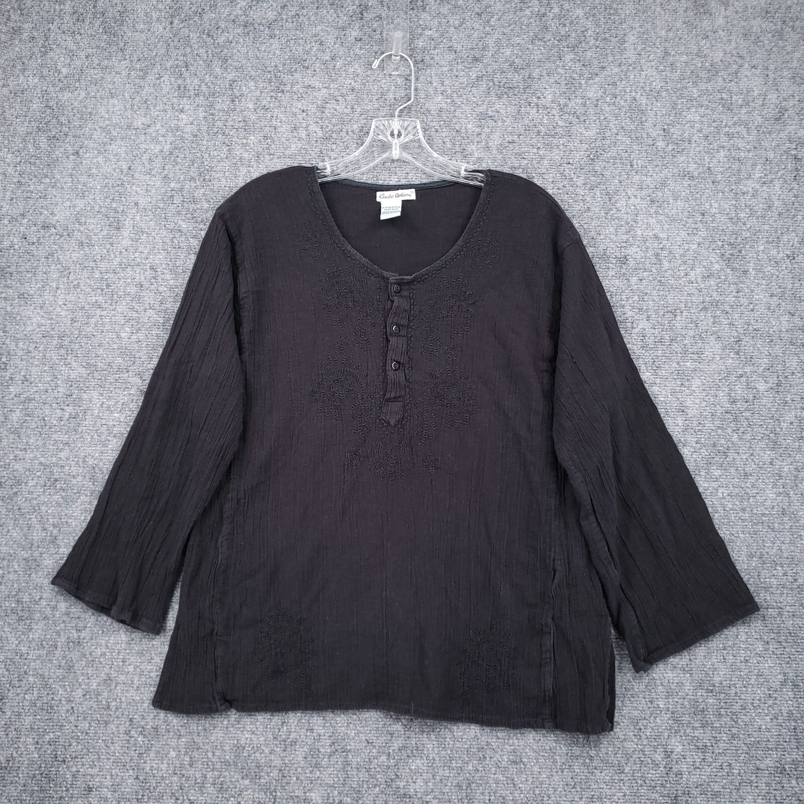 Cute Options Top Womens Free Size Black Gauze Henley Round Neck Long Sleeve