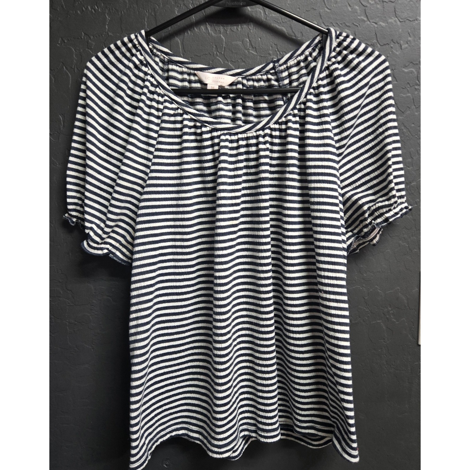 LC Lauren Conrad Navy Blue White Striped Puff Sleeve Blouse Top Size M