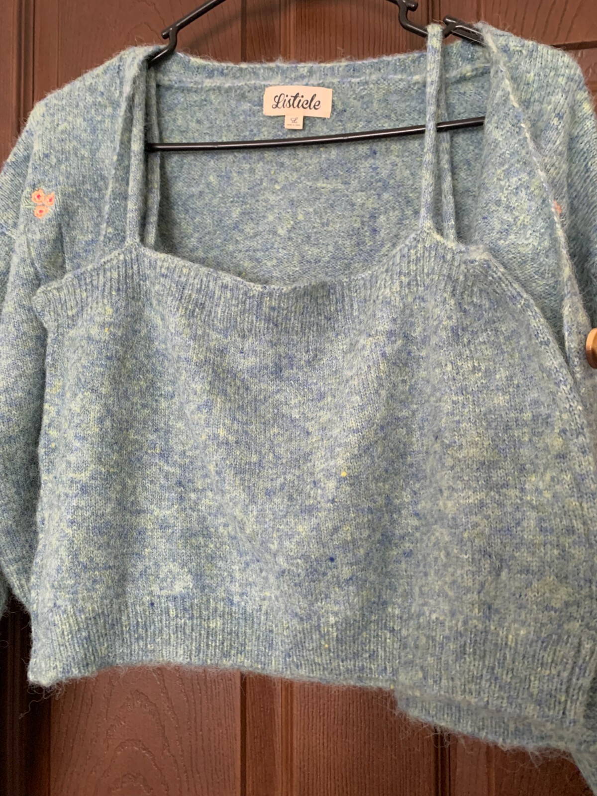 Listicle Women’s Spaghetti Strap Embroidered Cropped Halter & Sweater Blue sz L