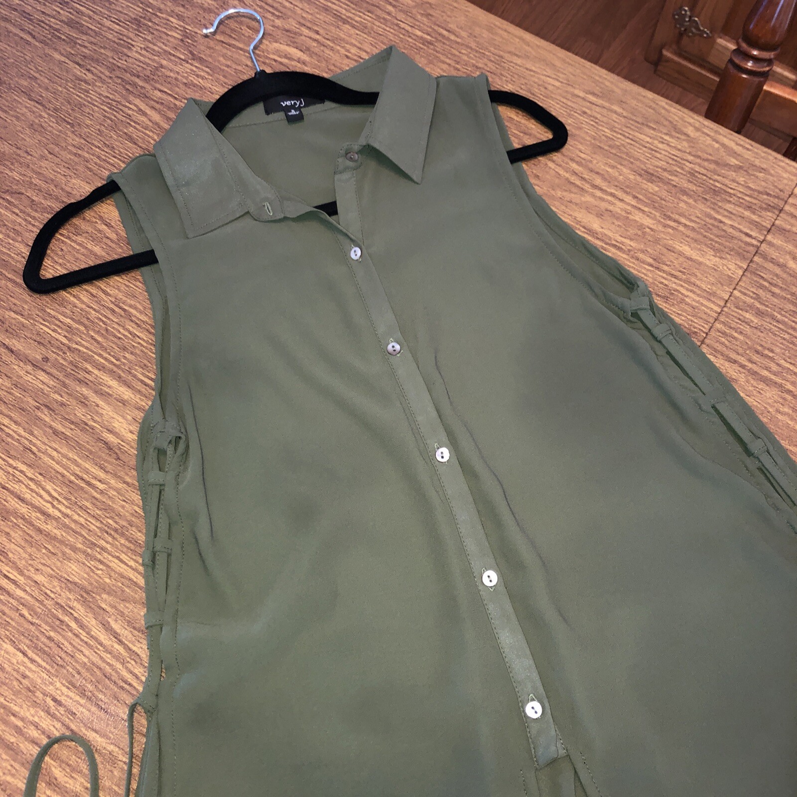 Olive Green S Small Long Length Side Corset Tie Button Tunic Shirt Duster VERY J