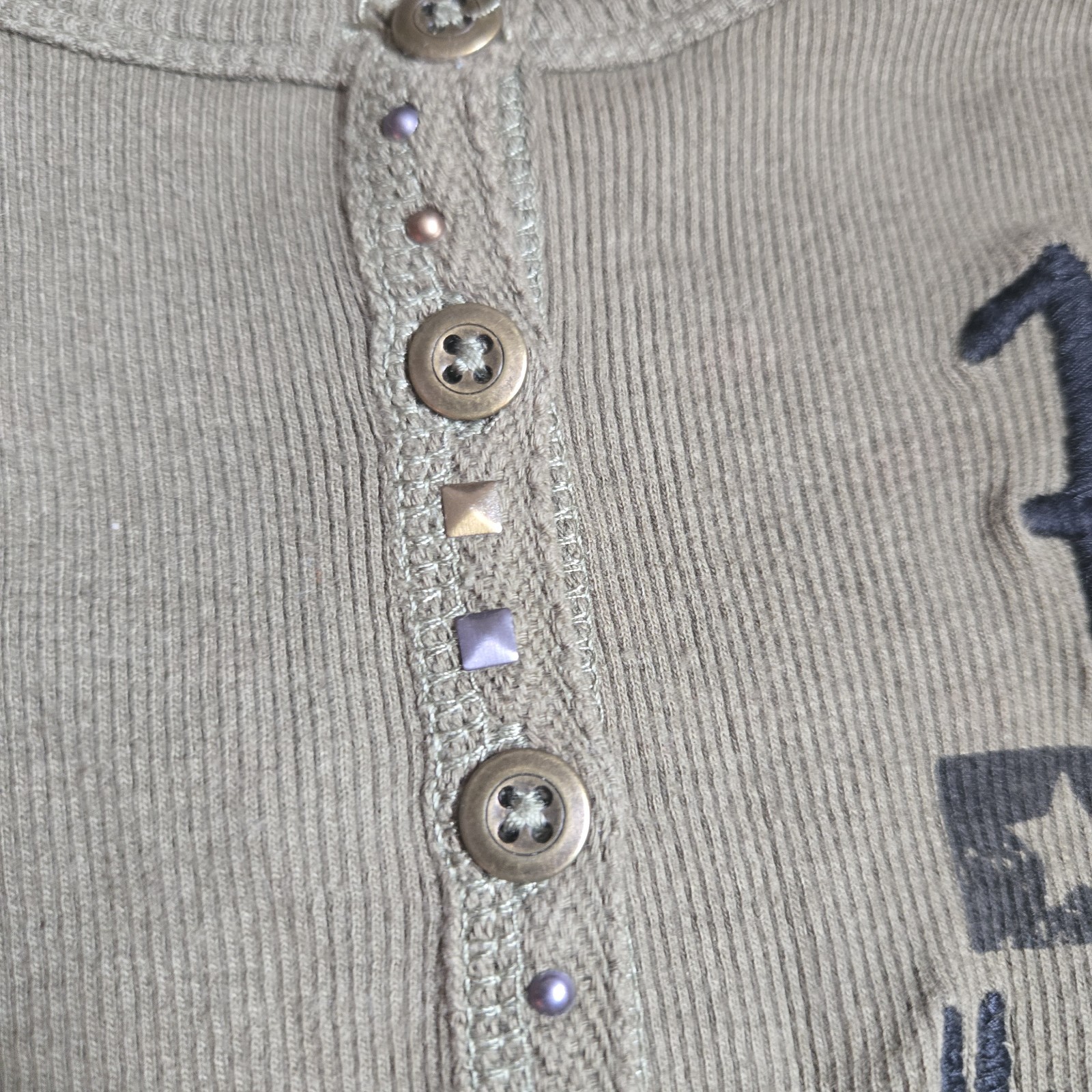 Harley Davidson Womens 2XL Henley Thermal Long Sleeve Army Olive Green Studded