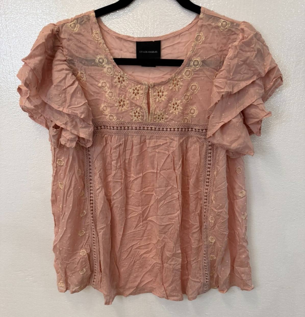 LIV Los Angeles NWOT Pink Embroidery Boho Top Size 2X (Measures to Size XL)