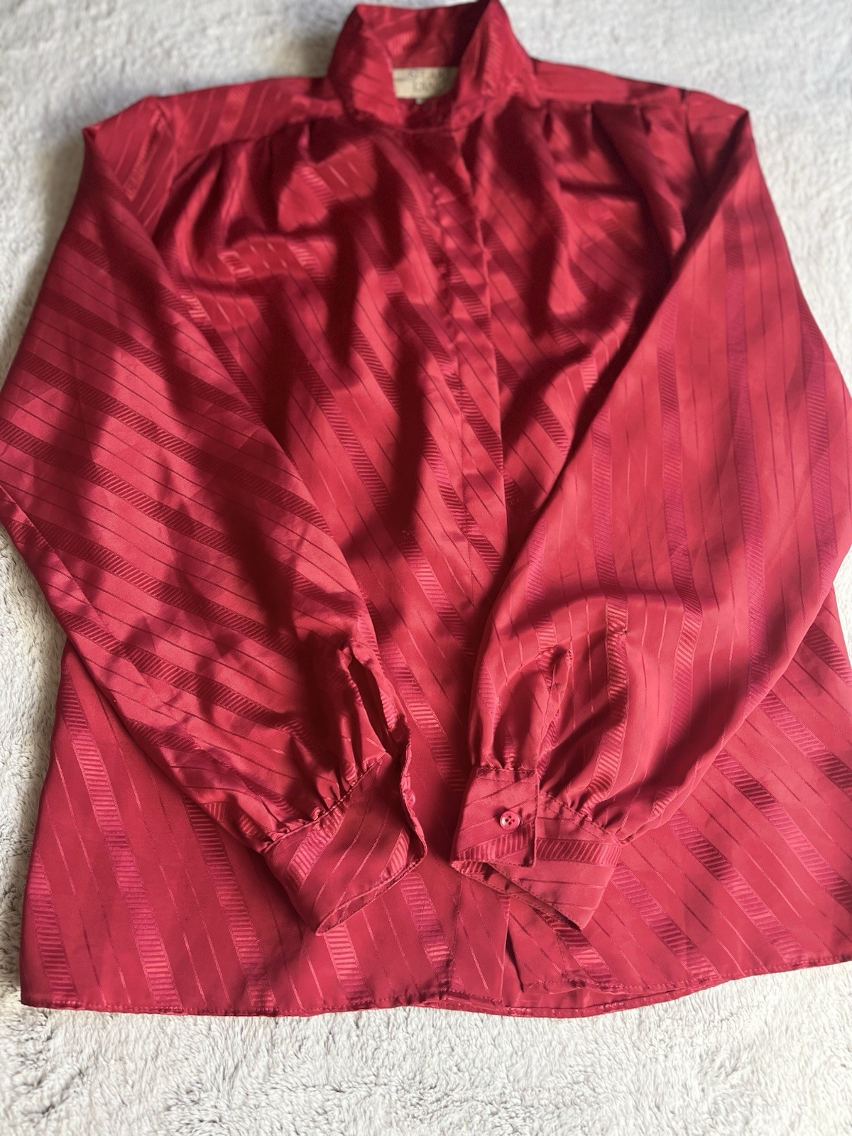 Vintage Stuart Lang Top Womens 9-10 Button Down High Collar Shimmering Red