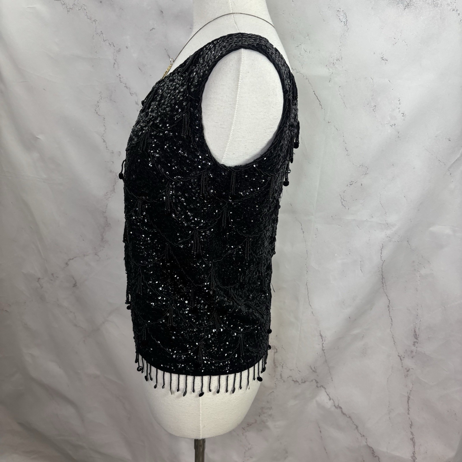 Vintage 60s Flapper Black Shiny Beaded Blouse Top Fringe Sequins Silk M Glam