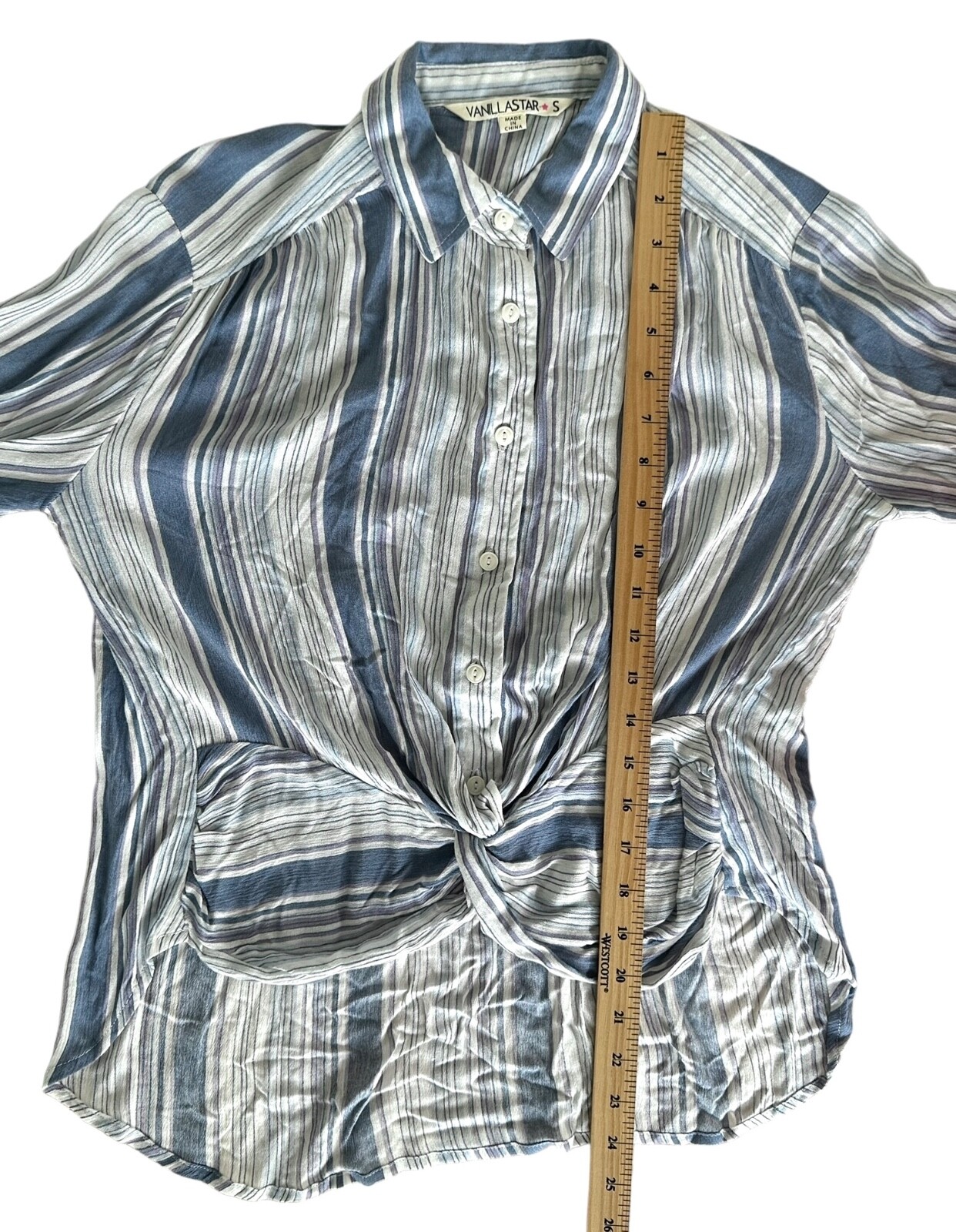 Vanilla Star Junior’s Button Down Shirt Top w/ Twist Front Size S Blue Striped