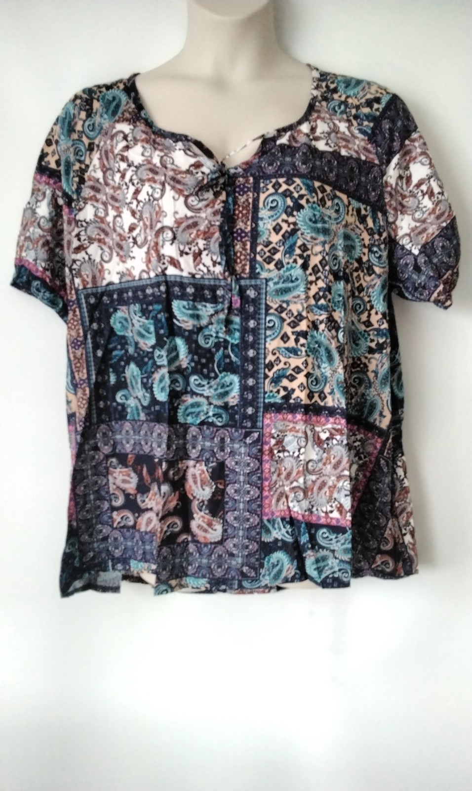 PLUS SIZE 22 MULTICOLOUR PATCHWORK PAISLEY HIPIE BOHO TOP BLOUSE TIE NO STRETCH