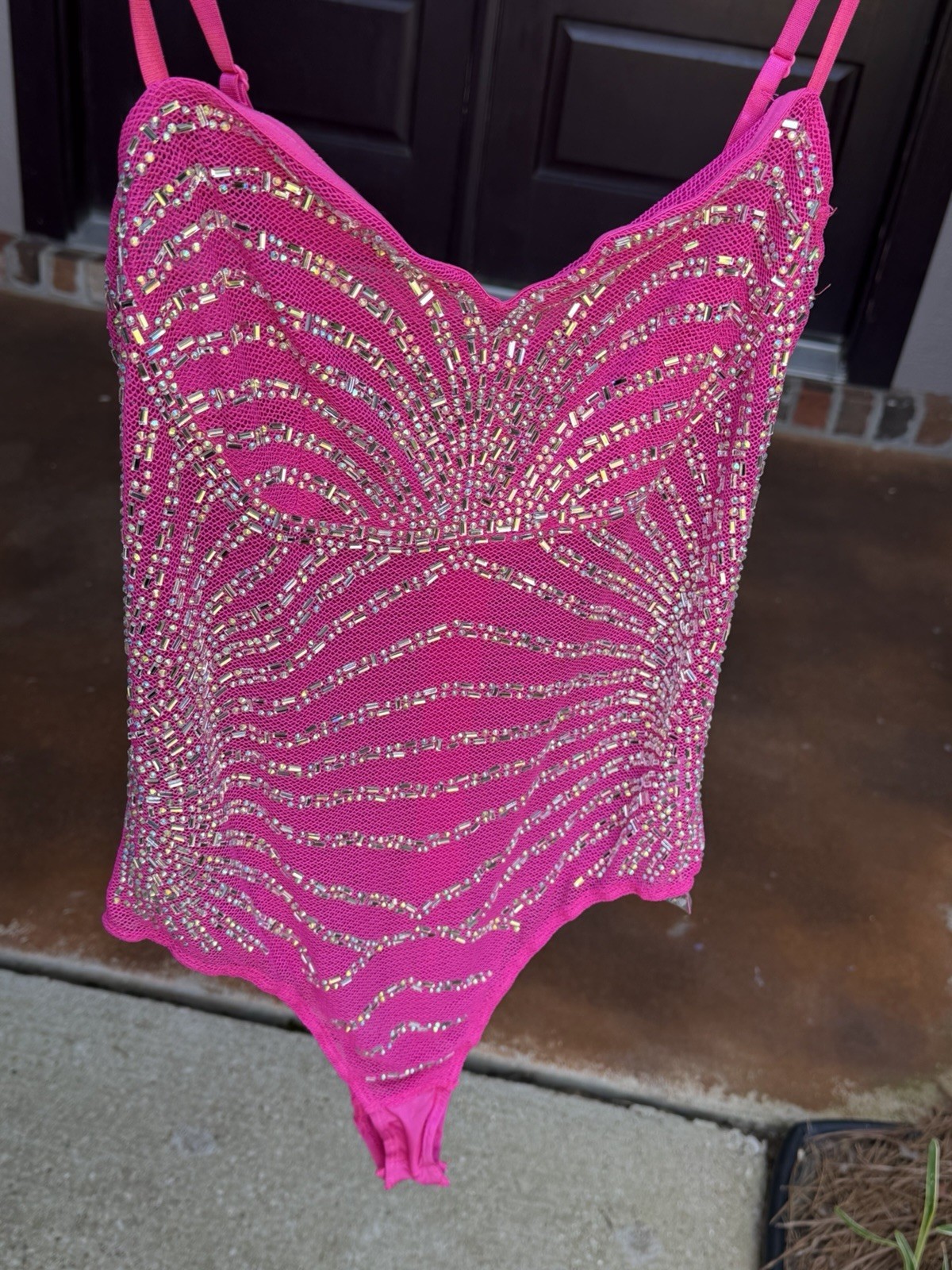 Banjul Pink Rhinestone Crystal Beaded Mesh Bodysuit Size L Festival Party