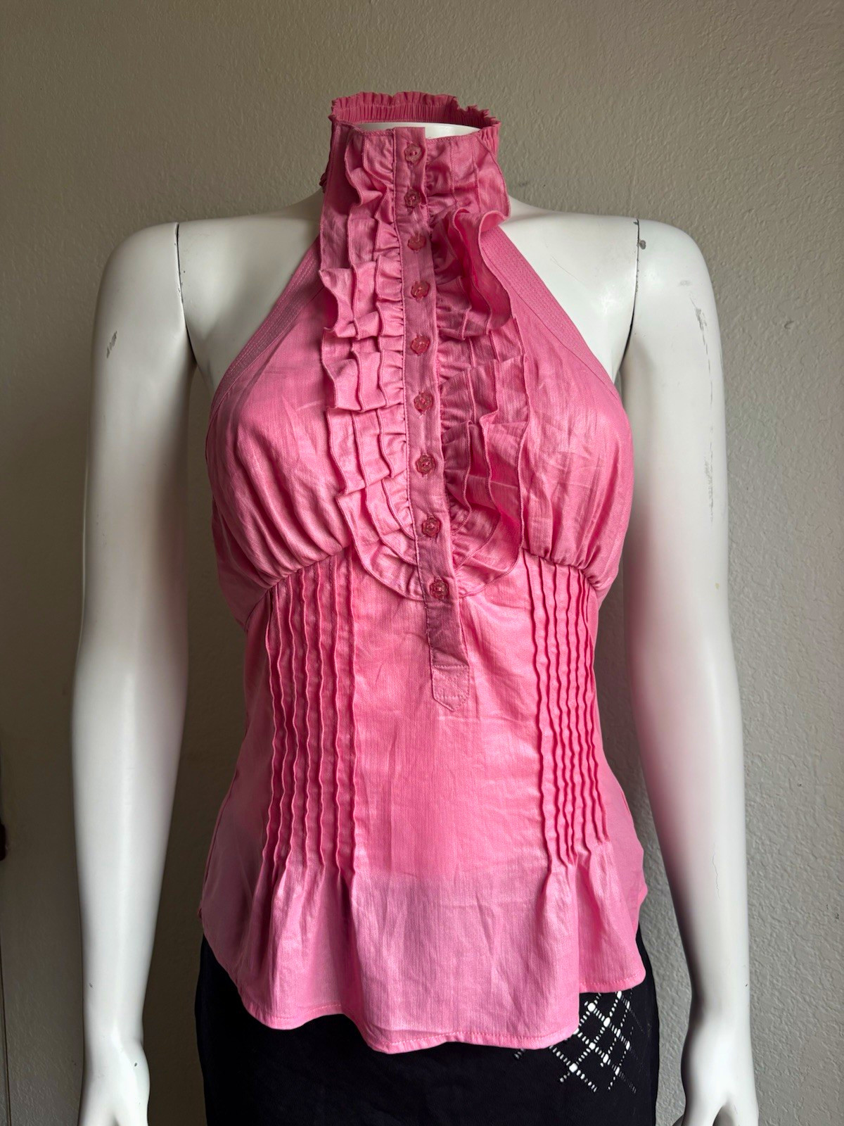 bebe Pink Halter Top Sleeveless Ruffle Button Front Smocked Back Size S
