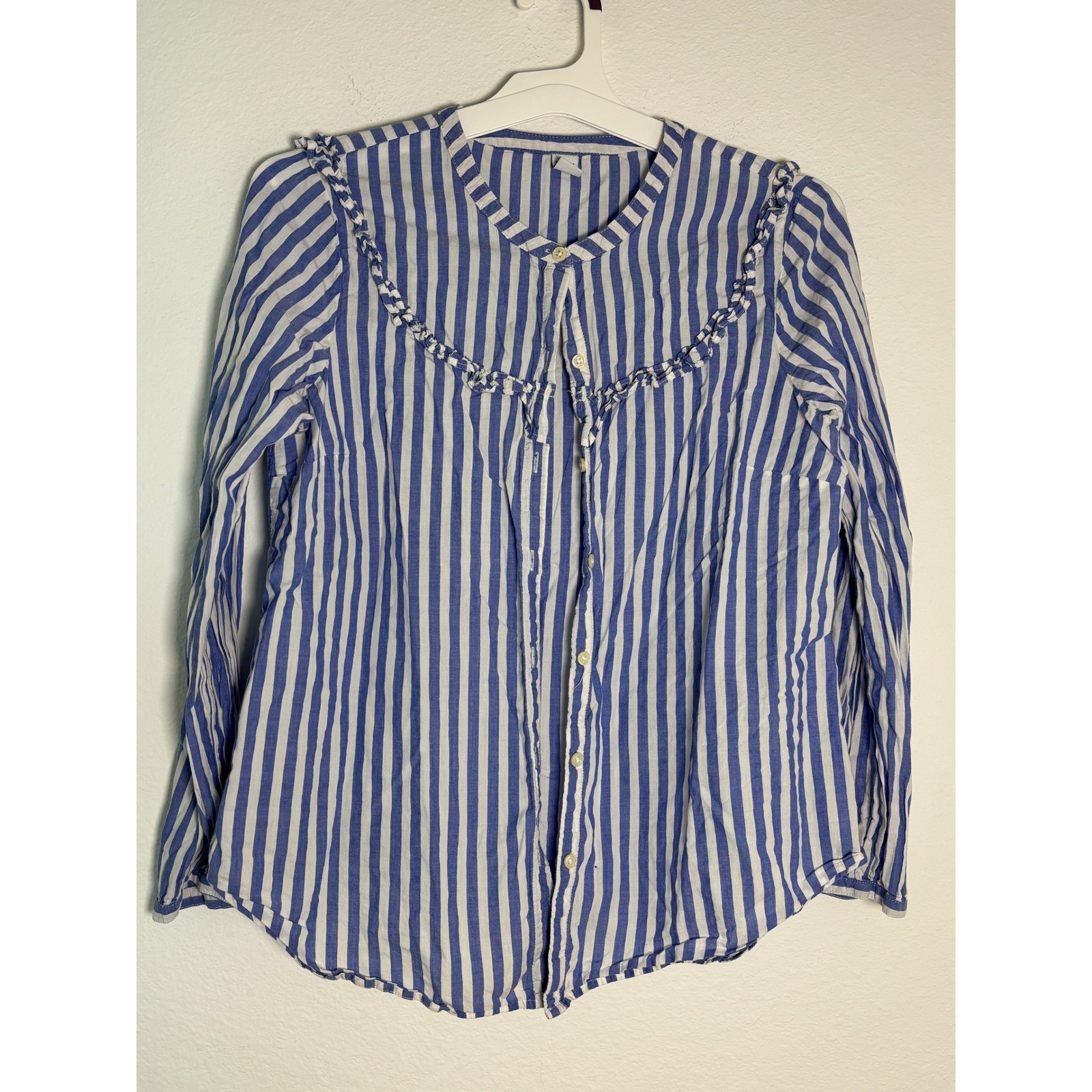 Old Navy Womens Blue White Striped Ruffle Yoke Button Front Blouse Medium