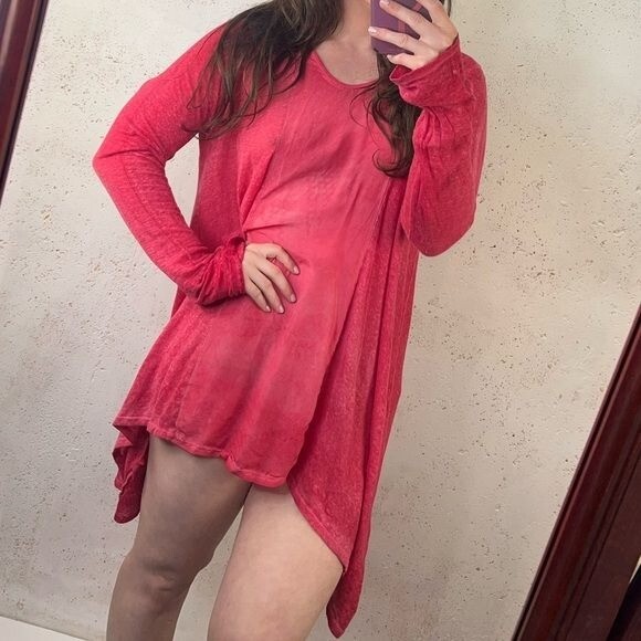 Johnny Was Pete & Greta 100% Linen Red long Sleeve Top Size Small Boho Lagenlook