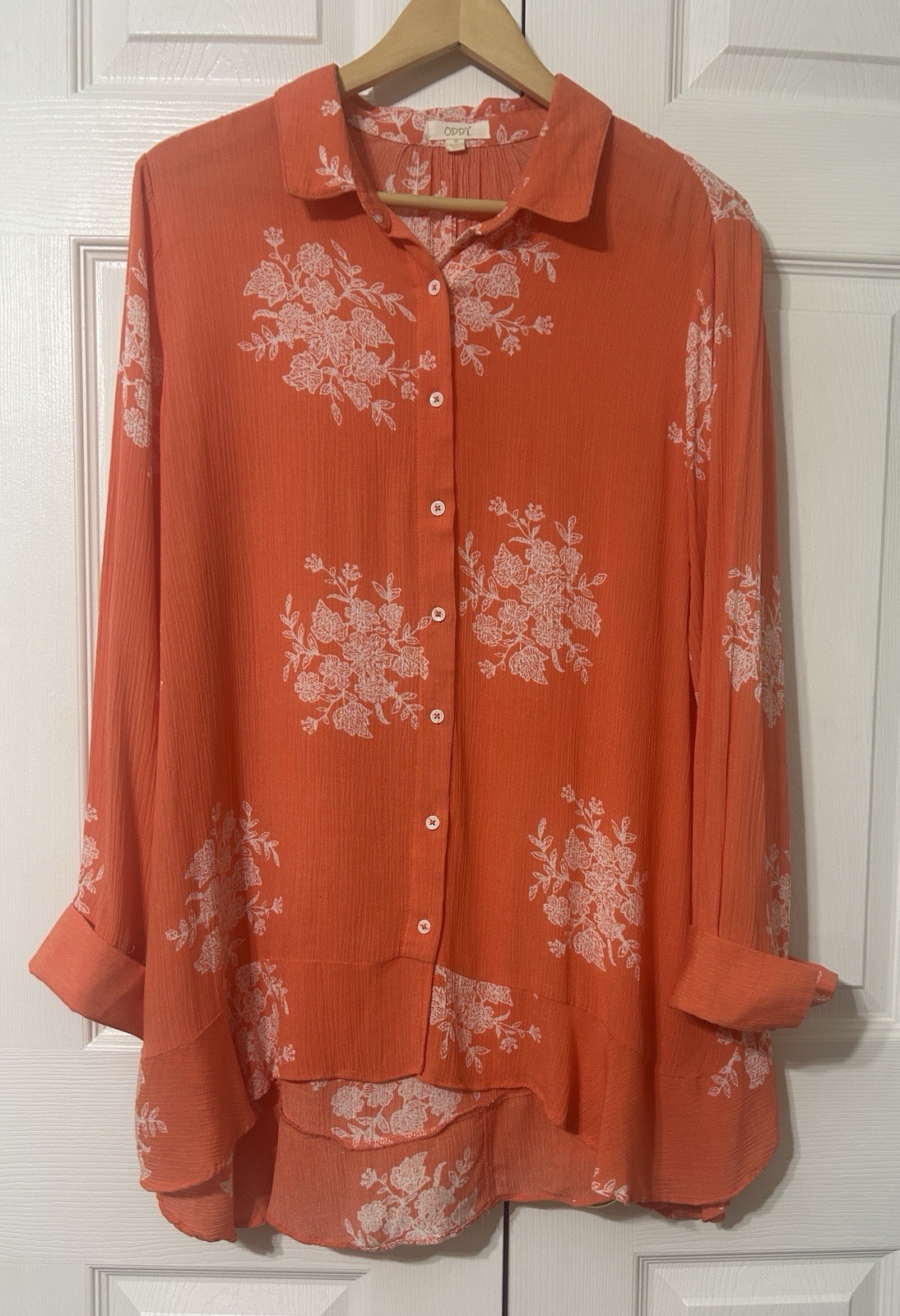 ODDY Women’s Coral Orange Floral Tunic Blouse Gauzy Button Up Size M