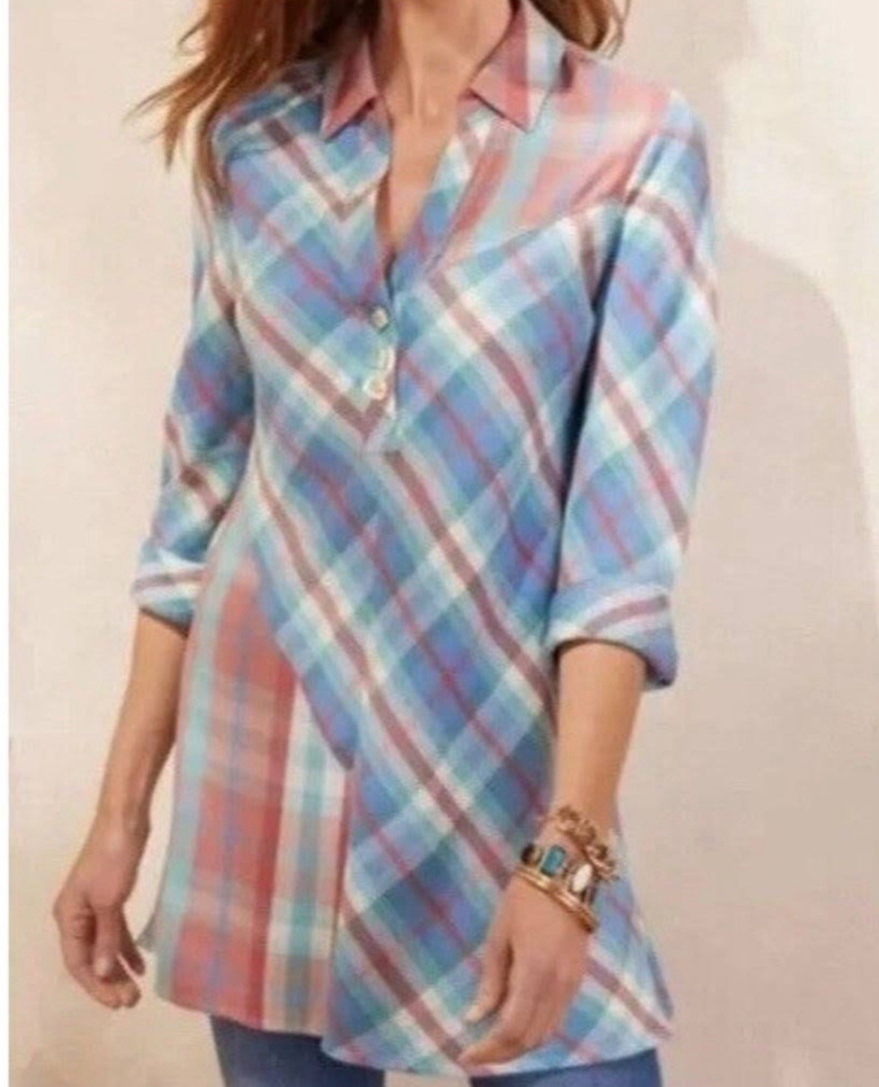 Soft Surroundings Women’s Large Plaid Tunic Blouse Cotton Rayon Blend