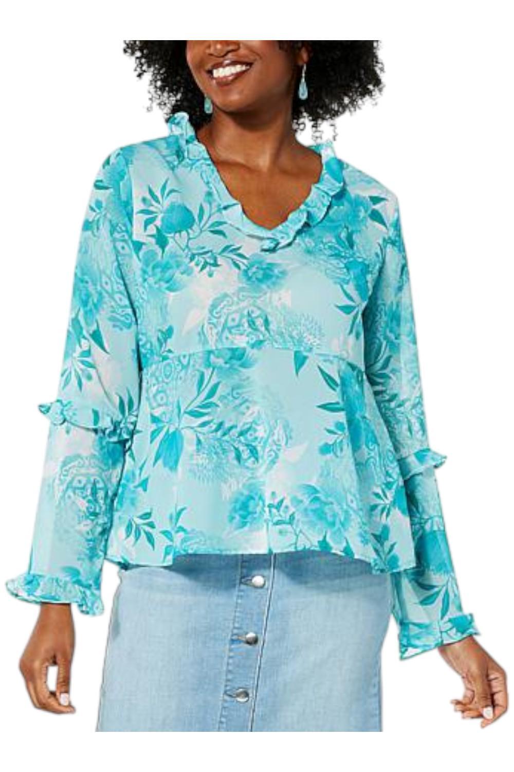 Colleen Lopez Long-Sleeve Ruffle Peplum Top Maui Blue