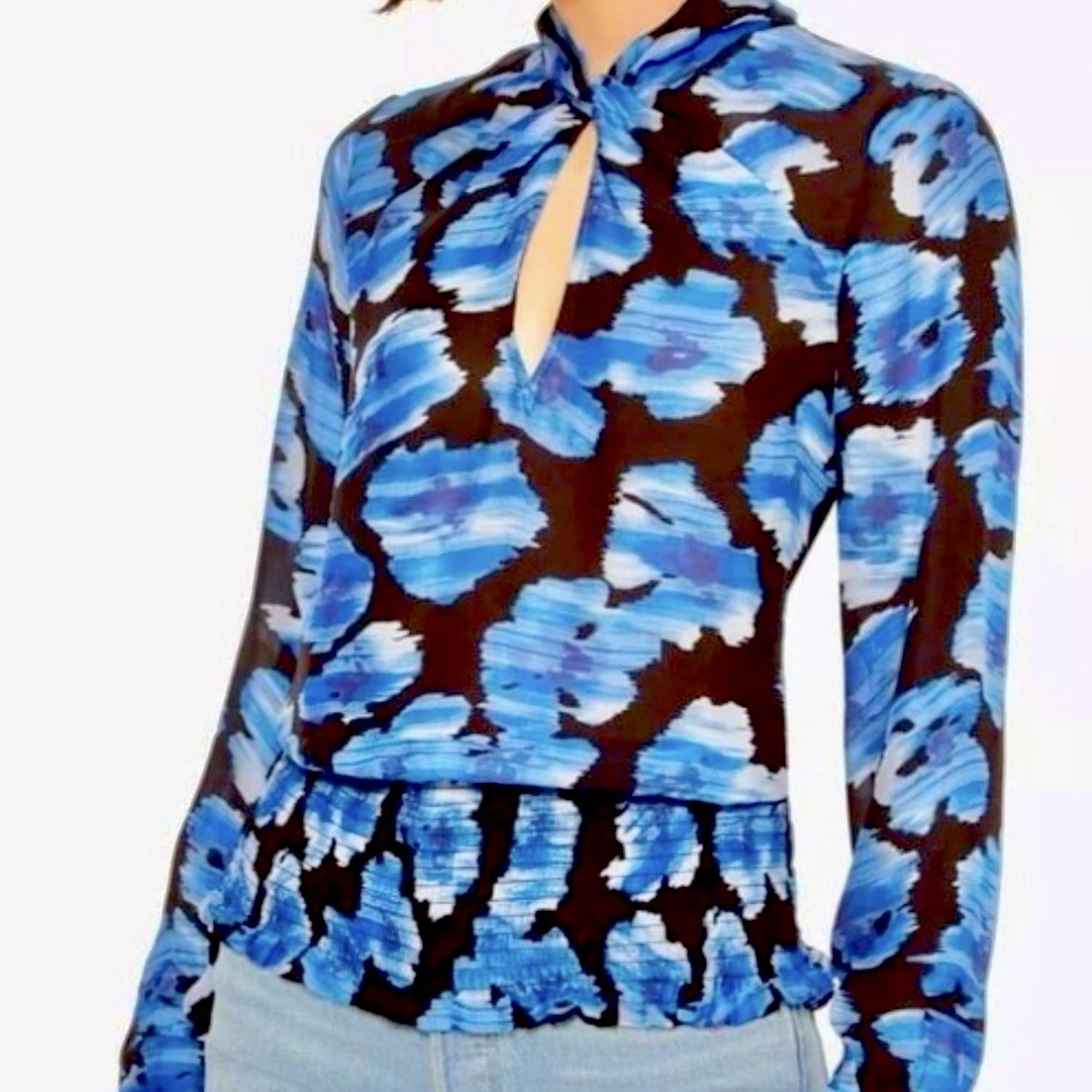 Parker Silk Chiffon Abstract Black Blue High Neck Smocked Bow Blouse S