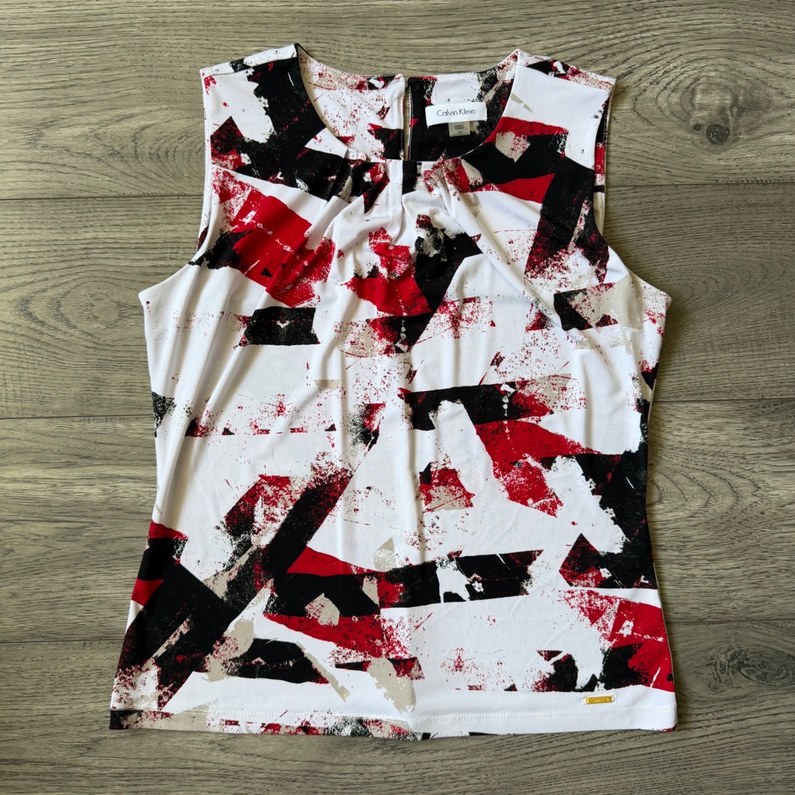 Calvin Klein Womens Red Black Abstract Print Pleated Neck Sleeveless Shell Top M