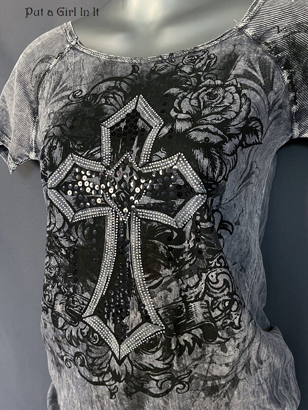 Y2K Vocal Apparel Women’s USA Crystal Sequin Gray Black Cross Slouch Shirt S M