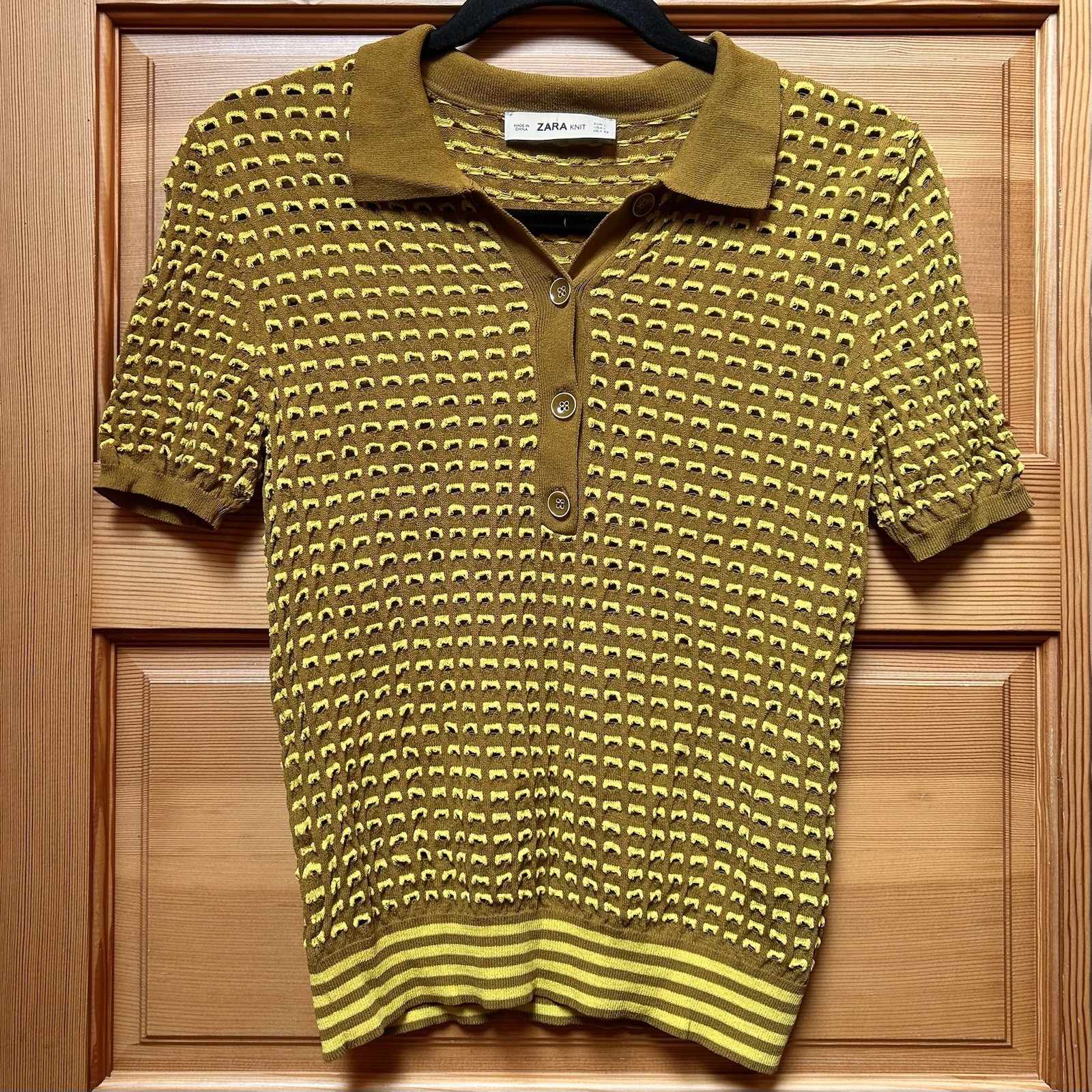 ZARA Mustard Yellow Green Polo Crochet Knit Fitted Shirt Top Womens Size Large