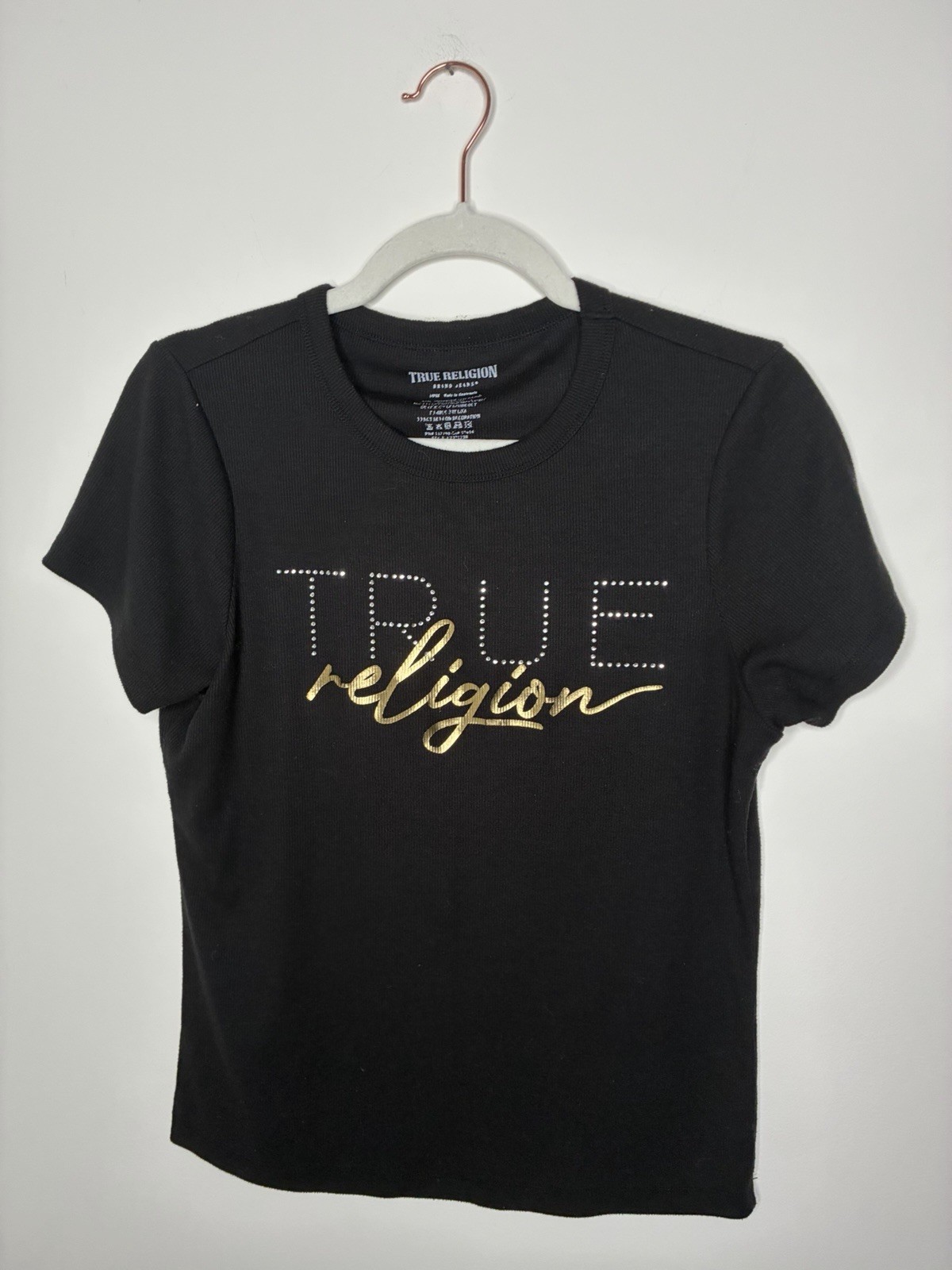 True Religion Women Large Black Knit Rhinestone Logo Crew Neck Short Sleeve Tee