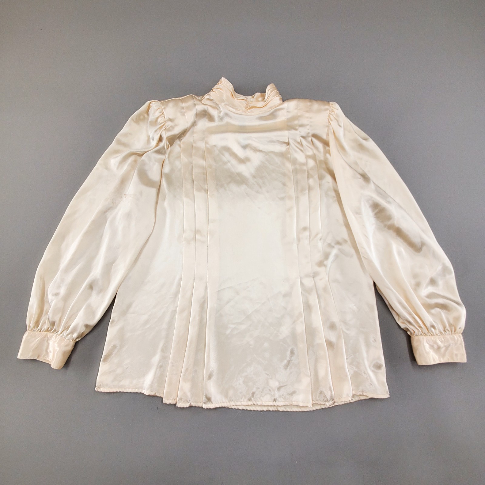 Vtg 80s 90s Sz 16 Ivory Satin Pintucked Front High Neck Top Edwardian Secretary