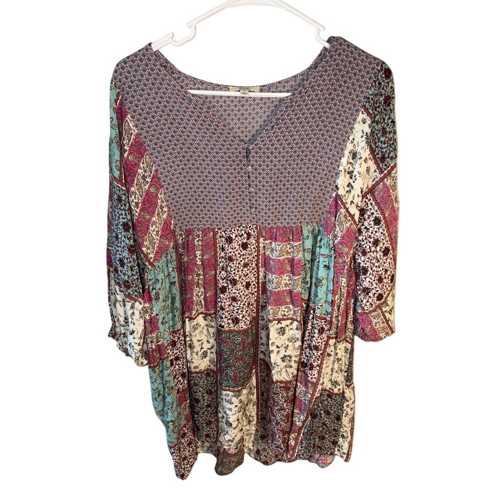 Kori America Womens Boho Patchwork Floral Paisley Babydoll Tunic Top Multi SzM