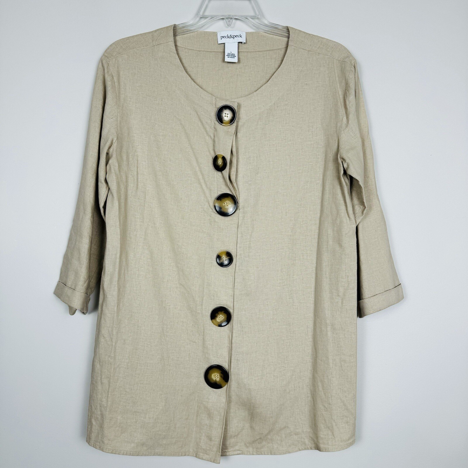 Peck and Peck Womens Linen Blend Tunic Top Sz L Henley 3/4 Sleeves Large Buttons