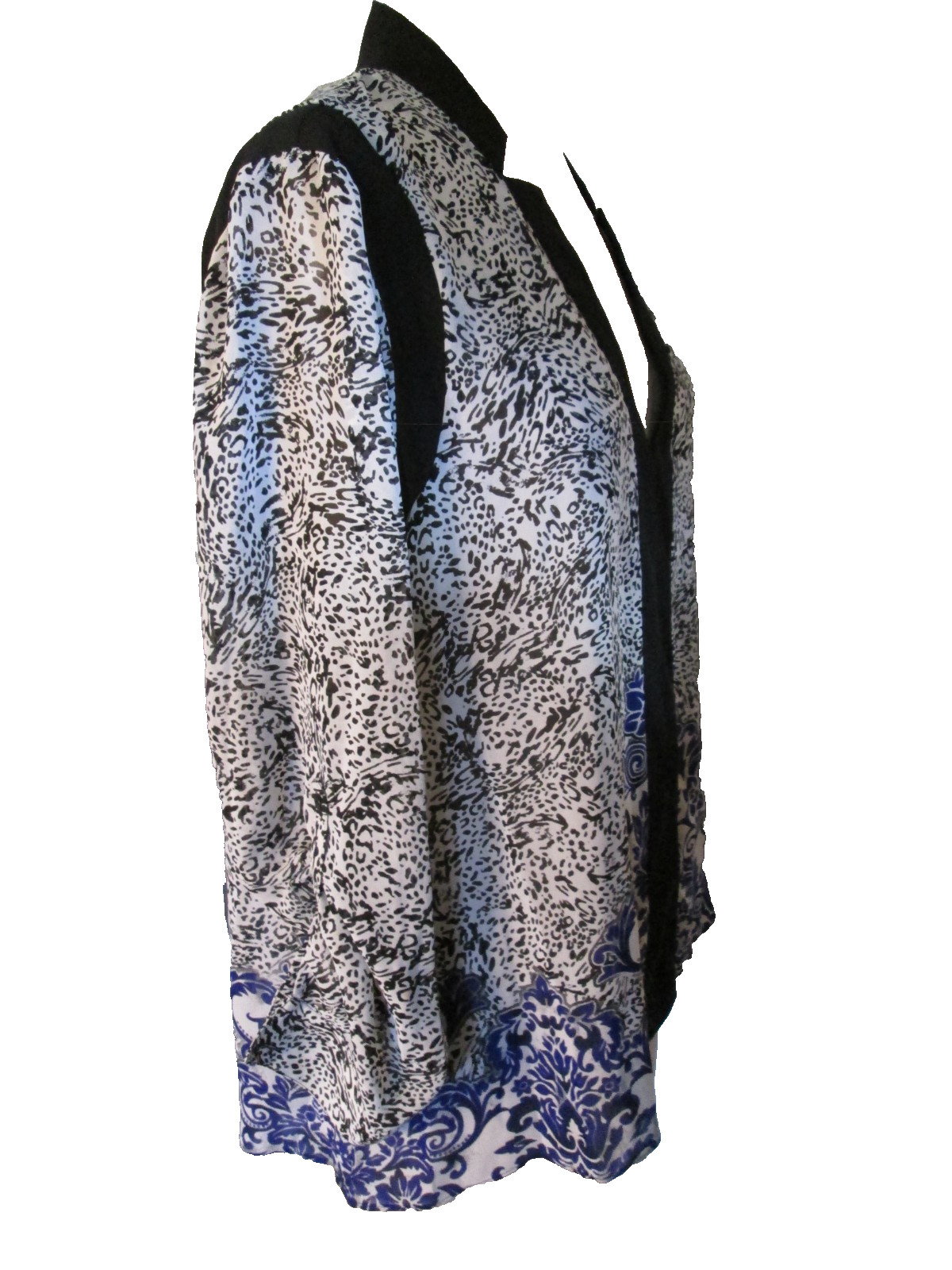 NICOLE MILLER BLACK/WHITE/PURPLE L/S TUNIC TI-BACK SLV SZ XL EXC COND! LITEWGT!