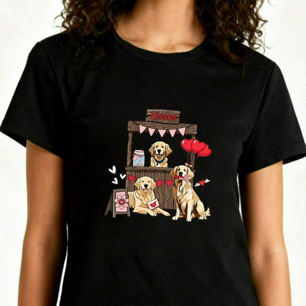 Valentine’s Day Dog Booth Graphic Tee Soft Polyester Lovely Pet Women’s T-Shirt