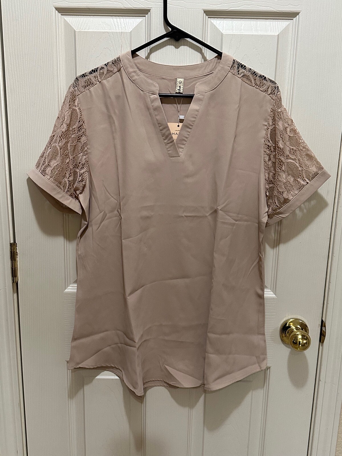 Moyabo Women’s Short Sleeve Lace V Neck Tunic Shirt Chiffon Blouse Taupe Large