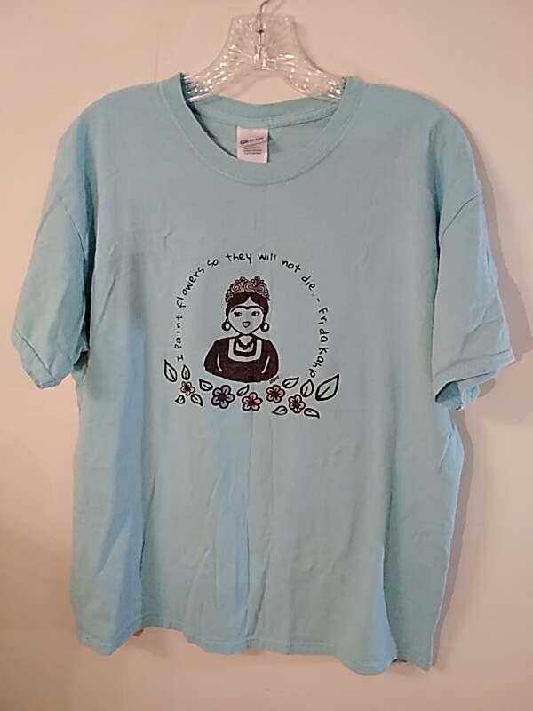 Gildan brand blue tee unisex L cotton chest 44″ Art floral Fabric paint
