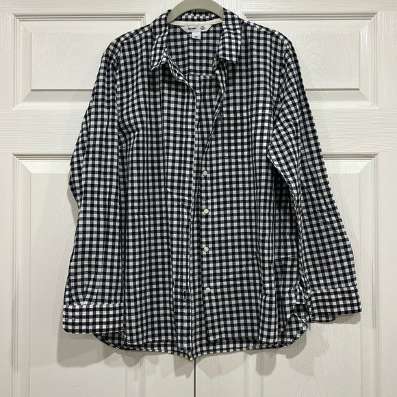 Old Navy The Classic Shirt Navy Blue White Gingham Button Up Womens Size Large