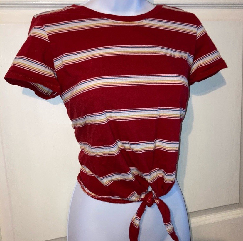 American Eagle Striped Tie-Front Crew Neck Short Sleeve Tee, S, Red Multi