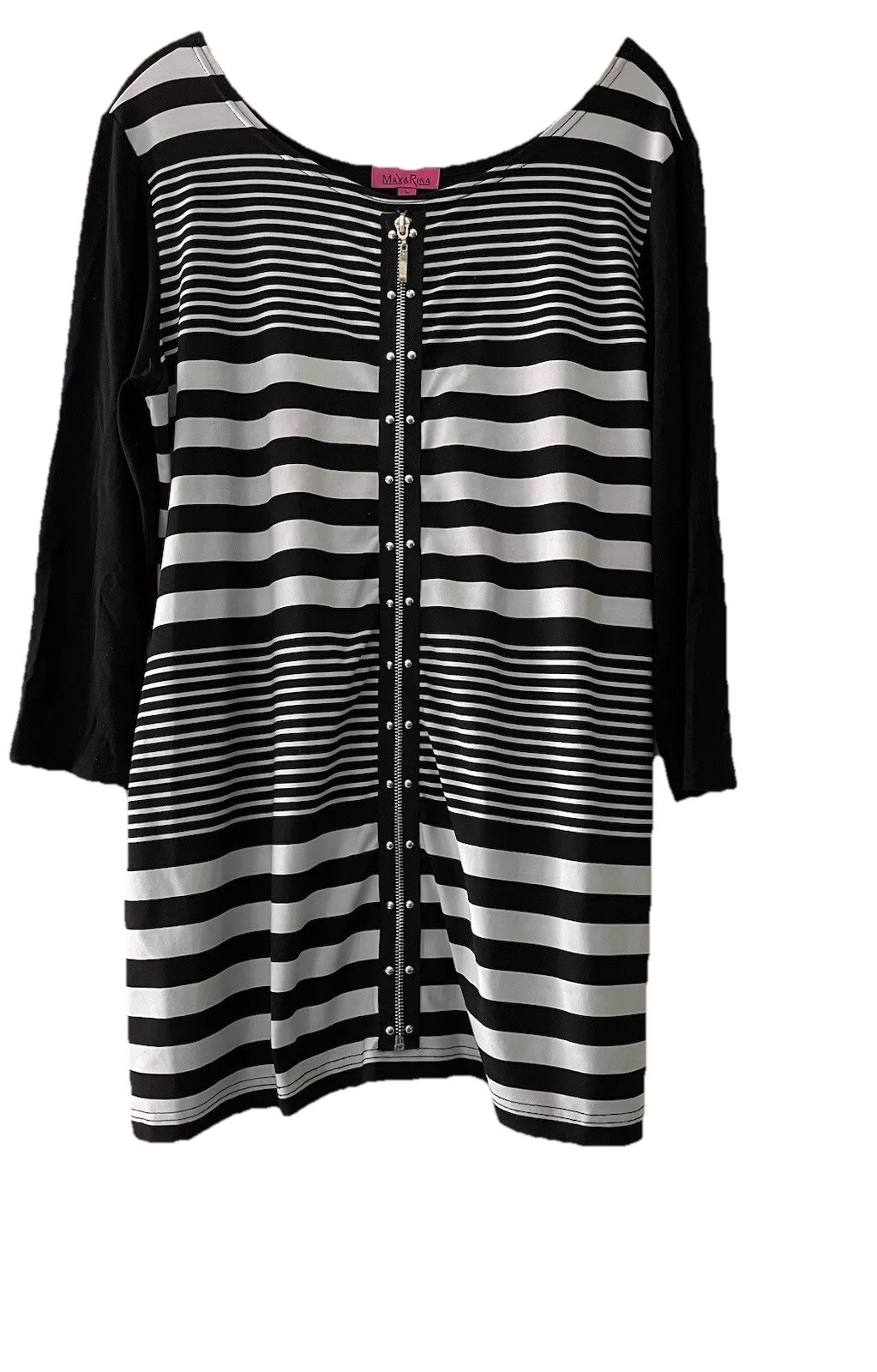 Max & Rina Size Large Black White Striped Zipper Studded Stretchy Top Shirt