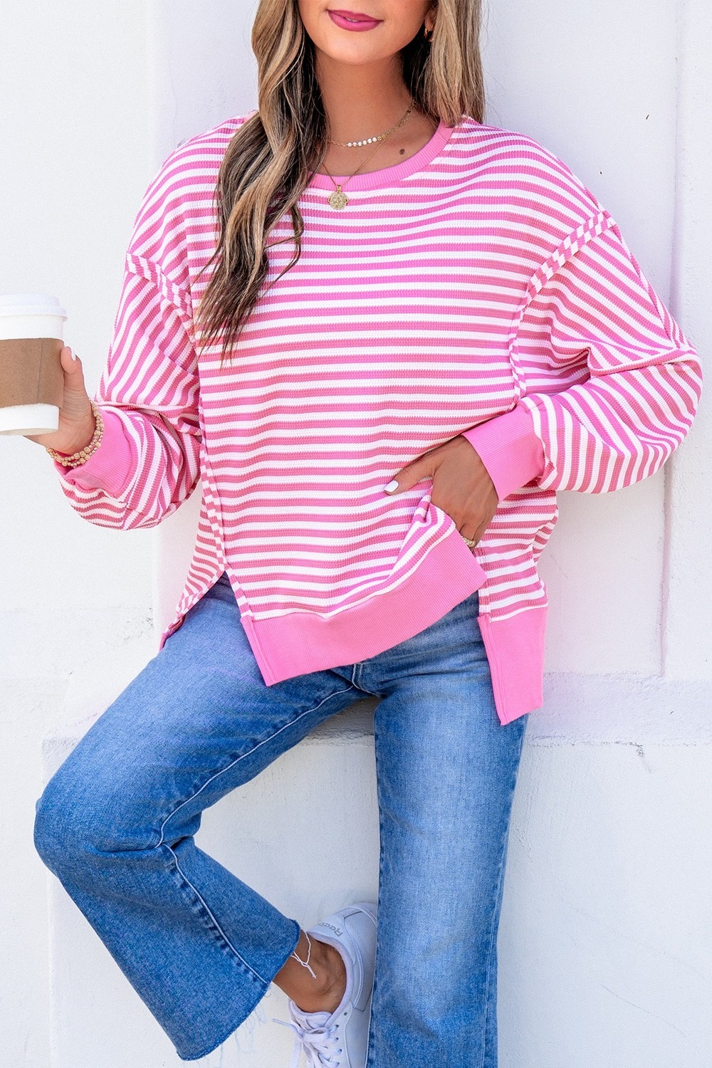 SYNZ Women’s Striped & Textured Knit Split Hem Long Sleeve Top, S to XL