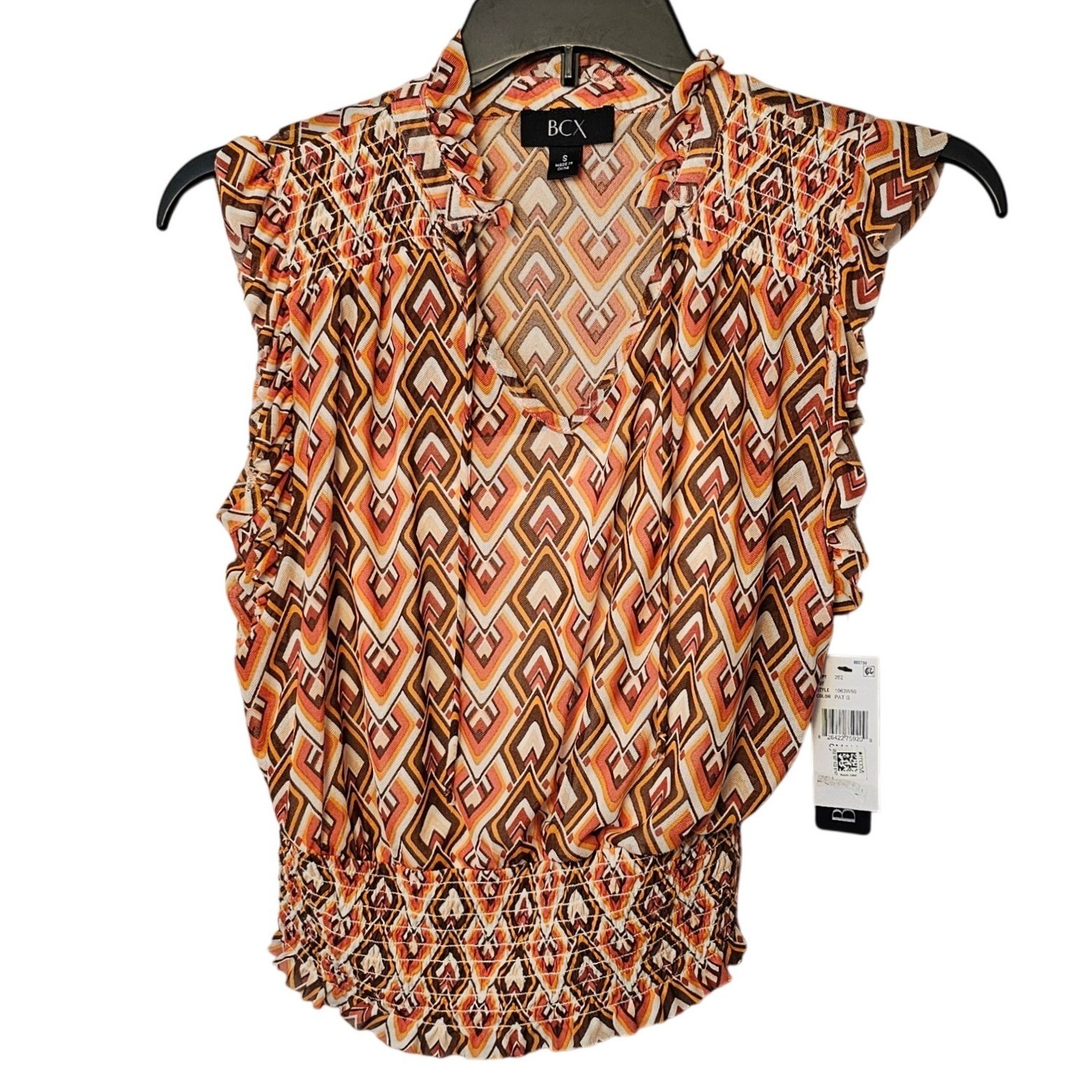 BCX Womens 2 pc Geometric Mesh Sleeveless Smocked Waist Blouse with cami Small