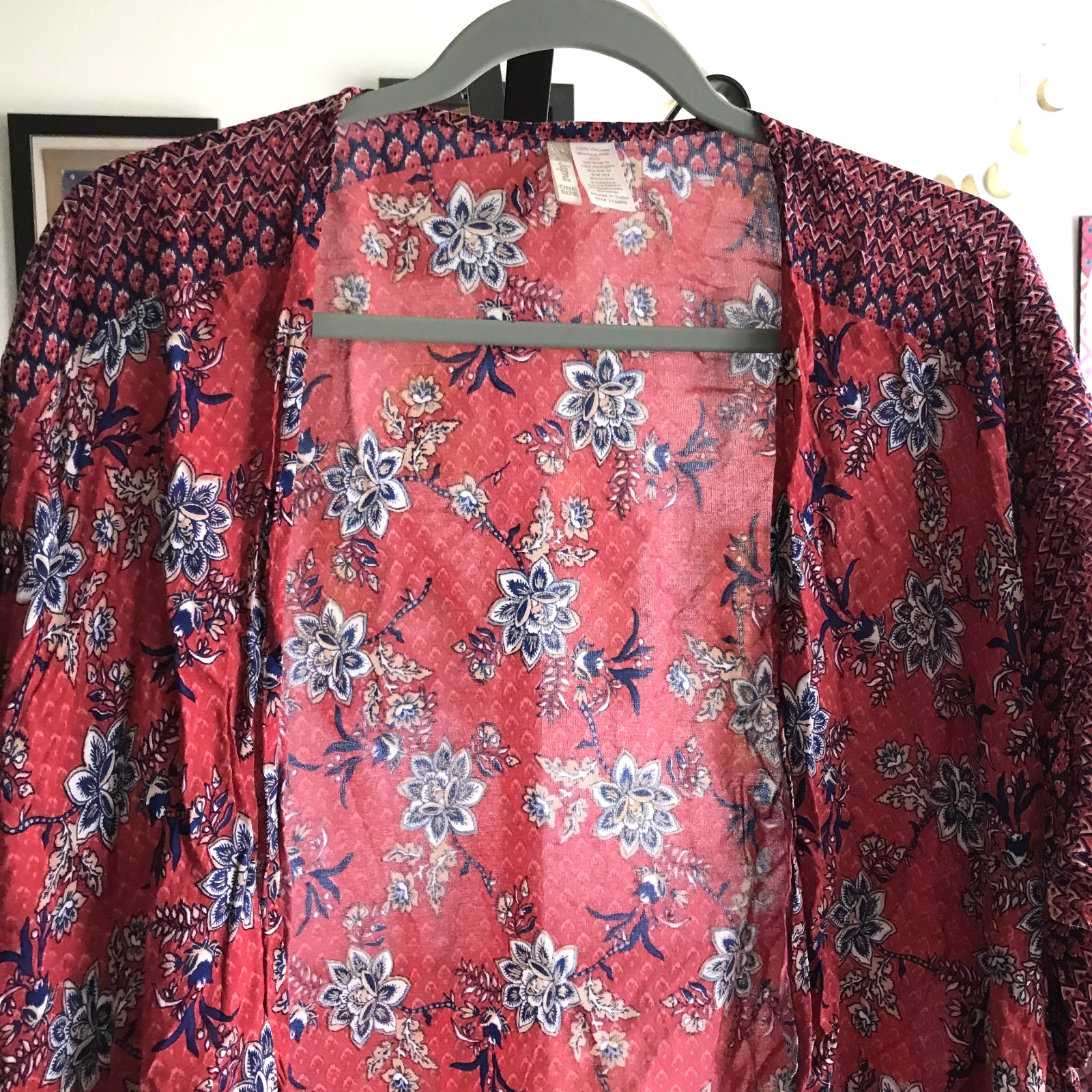 JAPNA Burgundy Red Print Boho Open Bohemian Kimono Cardigan One Size O/S