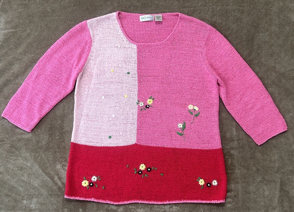 VTG Kim Rogers XL Petite Pink Red Patch Knit Pullover Spring Embroidered Daisies