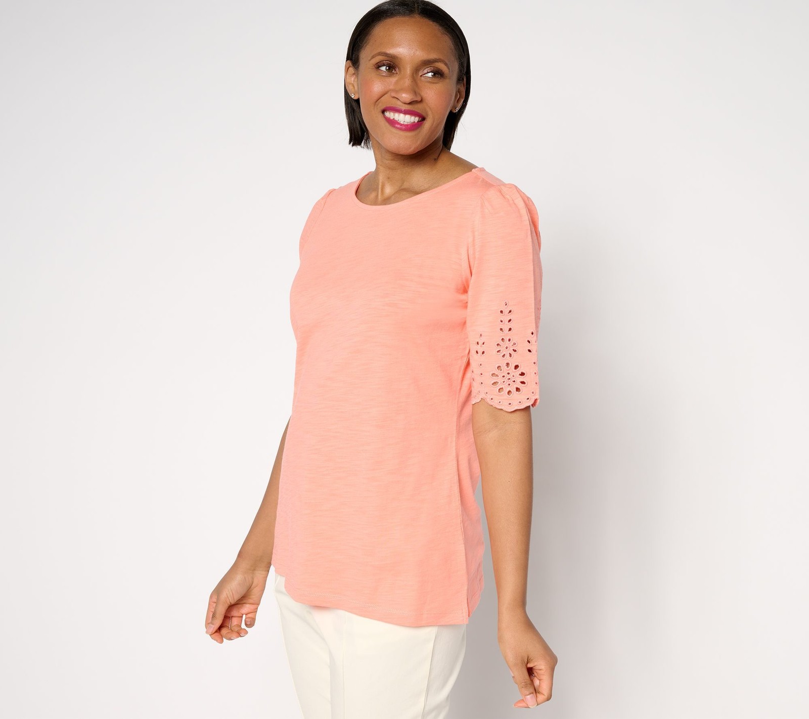 Gloria Vanderbilt Women’s Top Sz M Slub Knit Scallop Sleeve Boatneck Pink