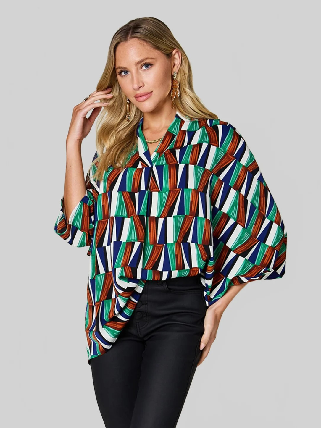 Women Double Take Full Size Geometric Notched Dolman Sleeve Top