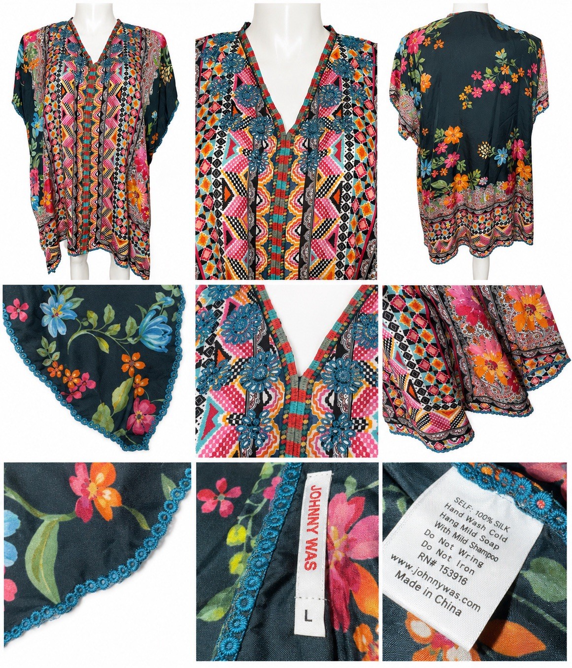 Johnny Was Silk Multicolor Floral V-Neck 3/4 Sleeve Tunic Blouse Embroidered L