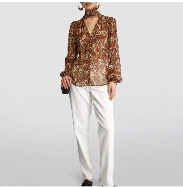 PAIGE MARCELA SILK CHIFFON BLOUSE BUTTERFLY PRINT CINNAMON MULTI SMALL NWOT