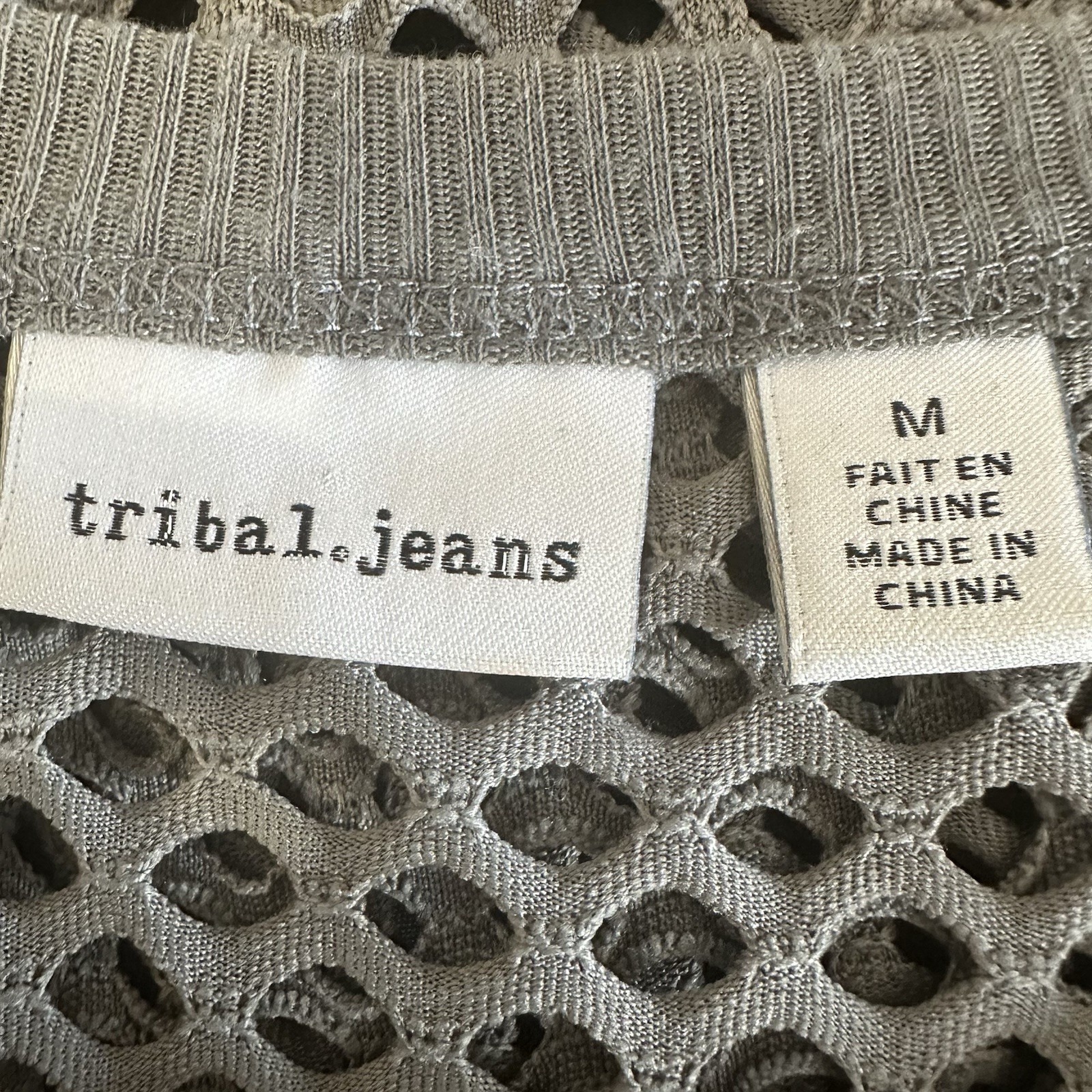 Tribal Jeans Womens Mesh Shirt Medium Gray 3/4 Sleeve Stretch Sheer Tunic Top