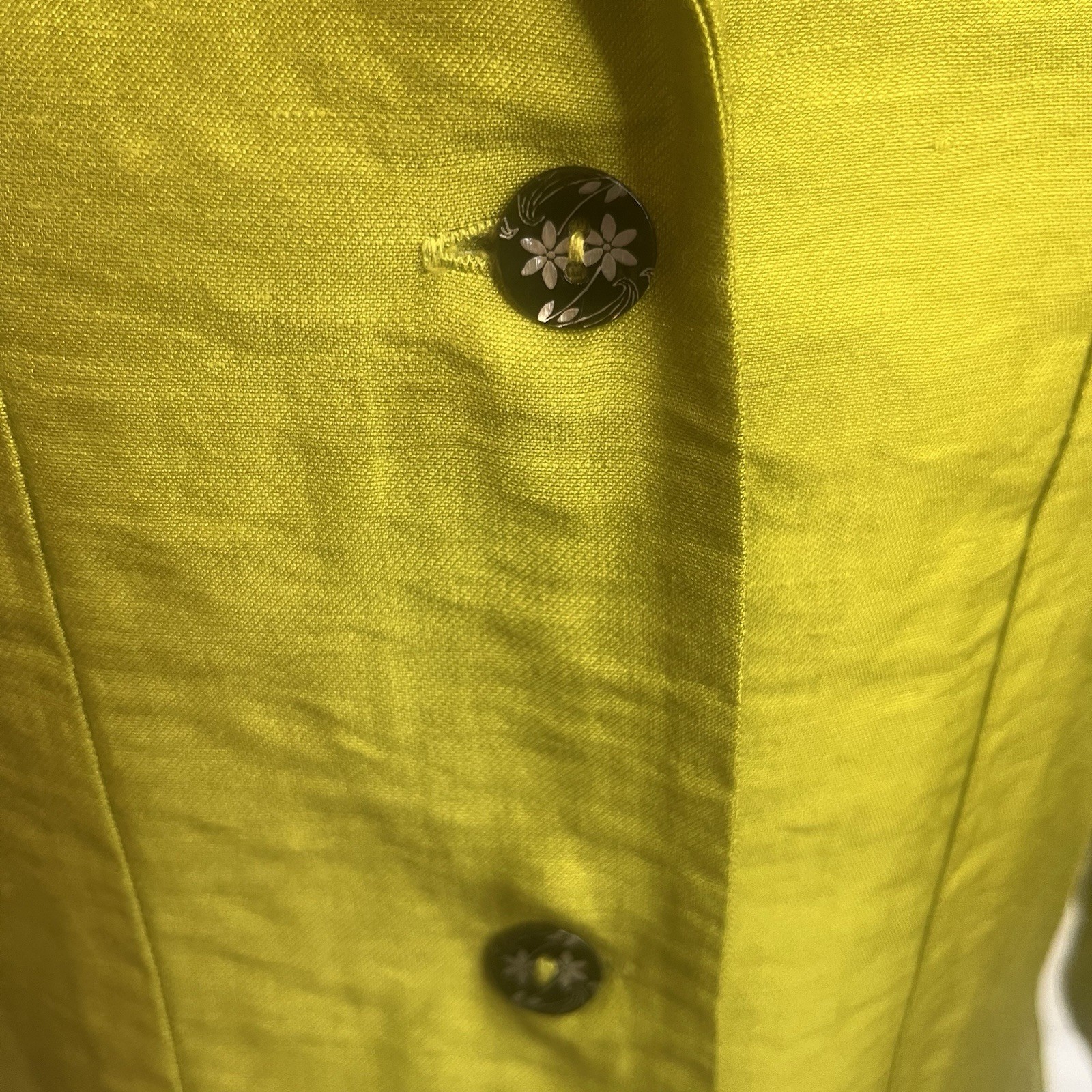 Farinaz Taghavi Linen Blend Blazer Sz 10 Green 3/4 Sleeve Floral Buttons Luxury